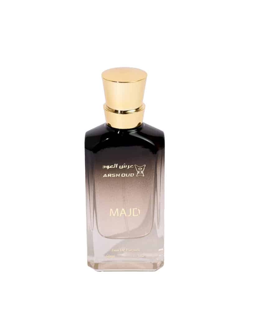 عطر مجد 50مل من عرش العود – عطر رجالي شرقي فاخر برائحة العود الحلو والفانيليا والورد الدافئ، مثالي لأجواء سلطنة عمان.