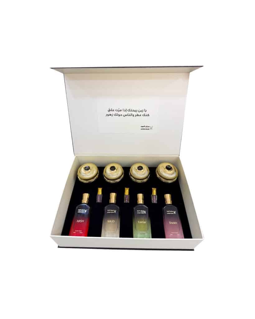 بوكس النخبة No.3 – مجموعة فاخرة من العطور والمسك والدخون بتصميم أنيق ومحتوى غني يناسب الذوق العماني