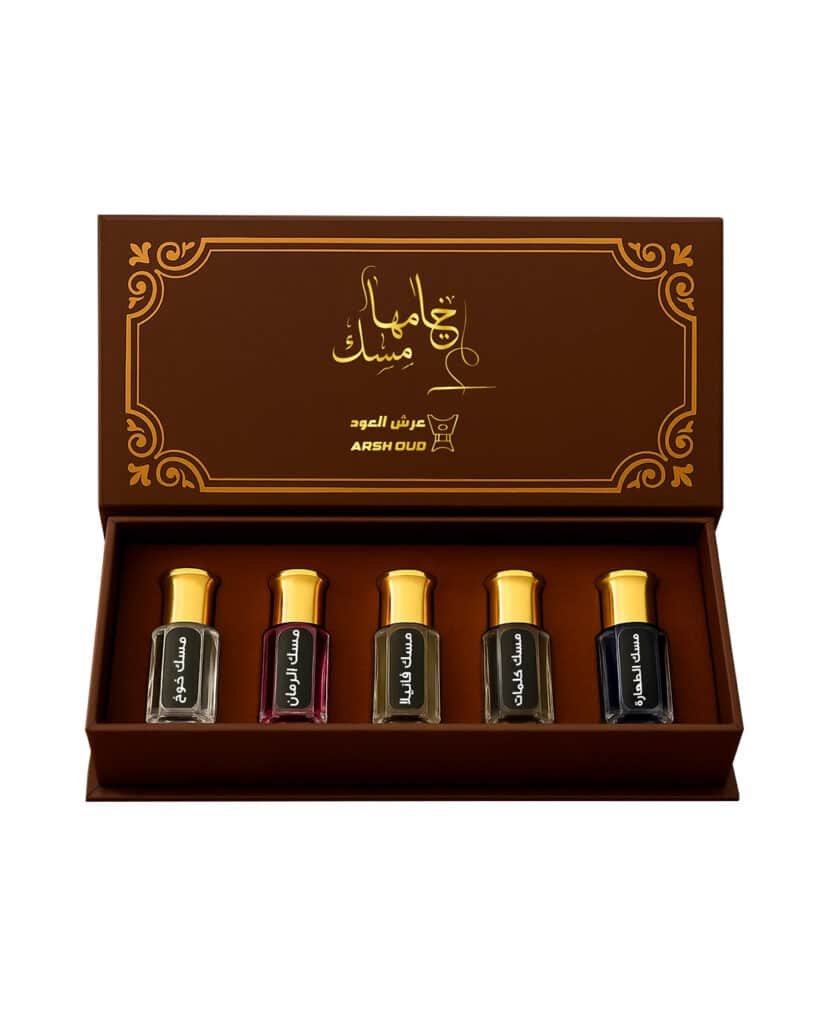مسك عرش العود No.5 – مجموعة فاخرة من 5 عبوات مسك متنوعة بخلاصة الطهارة والفواكه والعطور الشرقية | متجر عرش العود سلطنة عمان